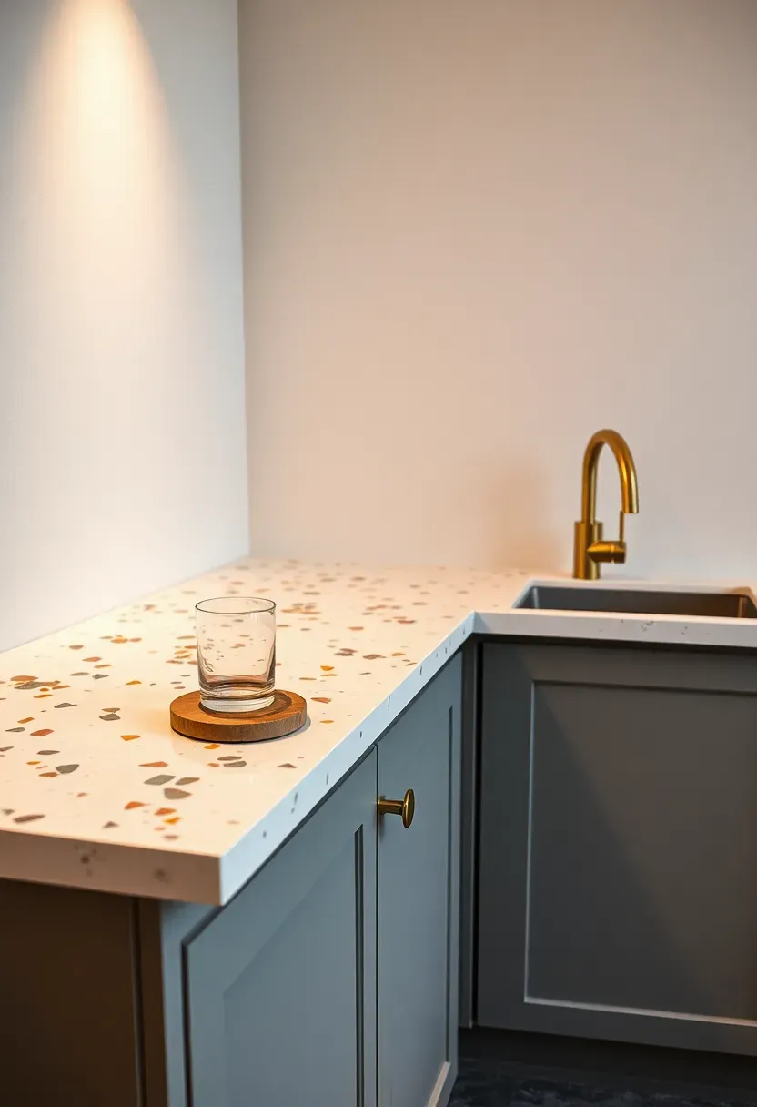 Modern basement bar with white terrazzo countertop featuring colorful aggregate chips, simple gray cabinets, and brass faucet