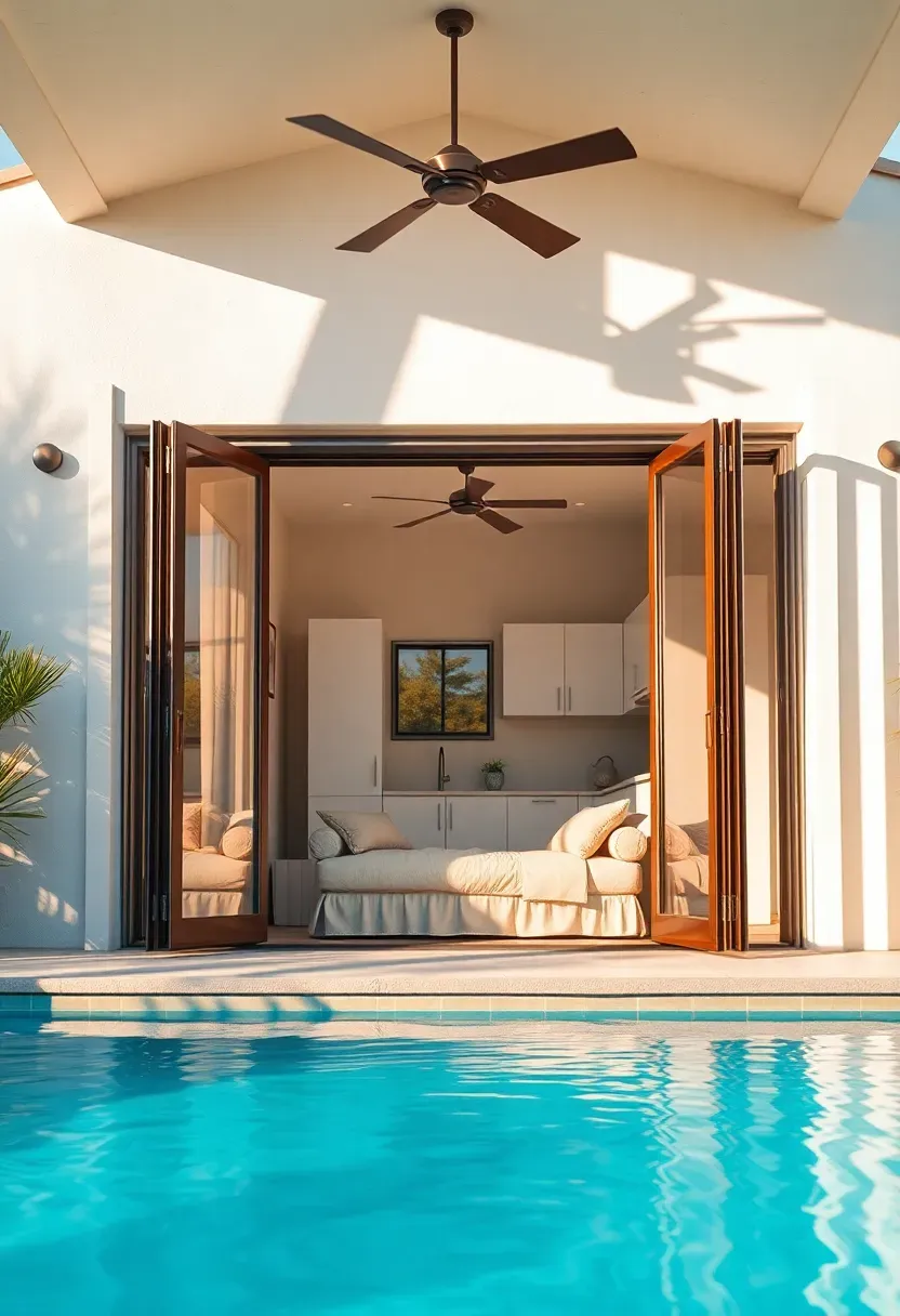 Pool house ADU with a covered patio facing a swimming pool, glass folding doors open to reveal a studio interior with a kitchenette and daybed inside