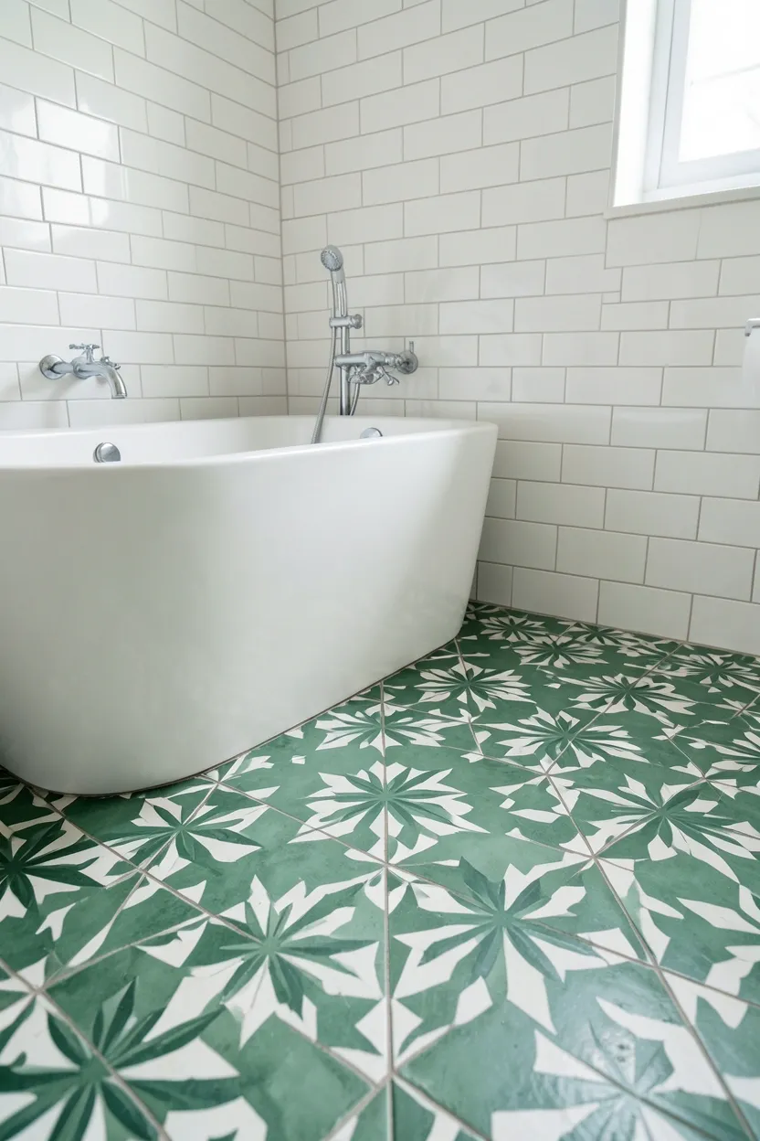 Hyper-realistic eye-level photograph of a modern green bathroom floor showing sage green Moroccan encaustic cement tiles with geometric starburst patterns in white and deeper green accents, white subway tile walls, white freestanding tub, chrome fixtures. Natural light. Materials: sage green Moroccan cement tiles, white ceramic tiles, porcelain tub. Exotic patterned green floor. Artisanal tile details. No text, no logos, no watermarks.</p>
