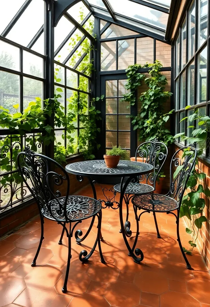 Vintage greenhouse-style sunroom with wrought iron furniture, aged terracotta tiles, climbing ivy on metal trellis, and glass roof panels