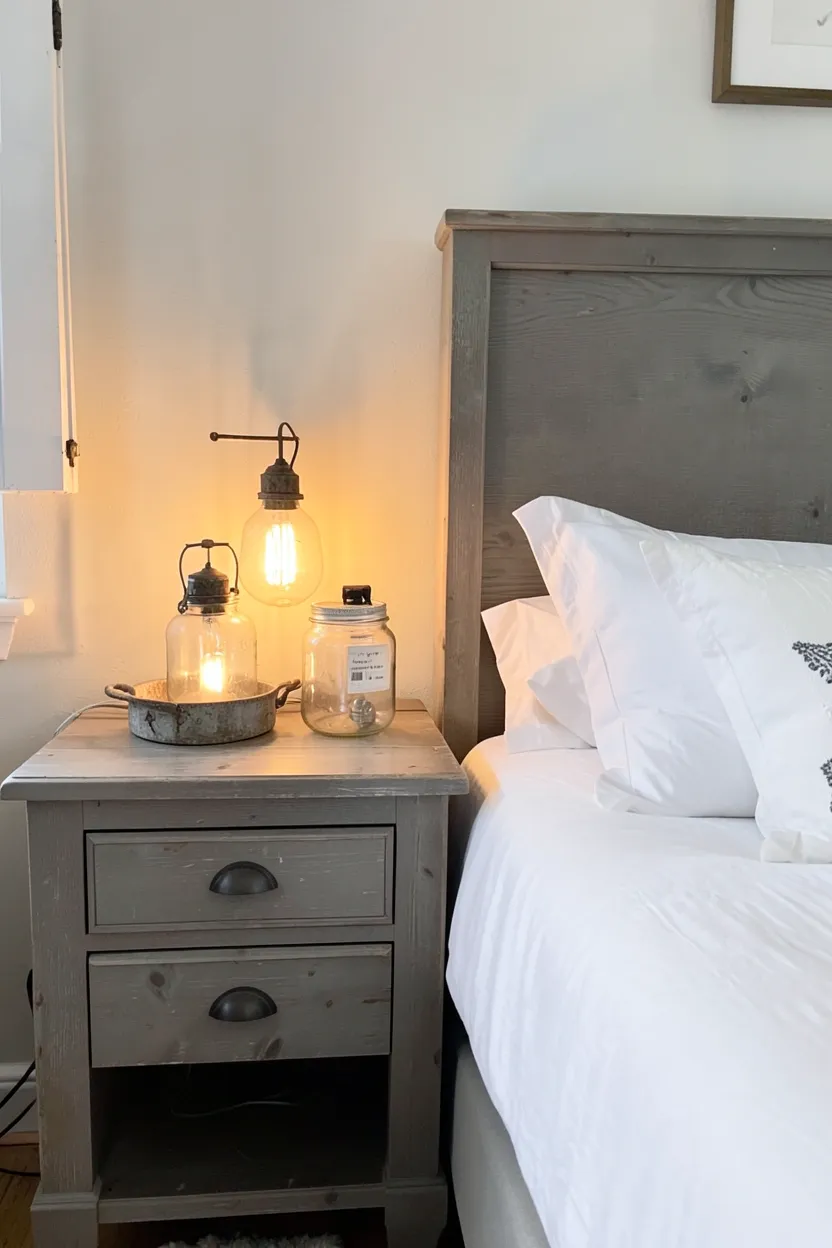 Mason jar pendant lights with Edison bulbs and aged metal hardware casting warm ambient glow in a farmhouse bedroom