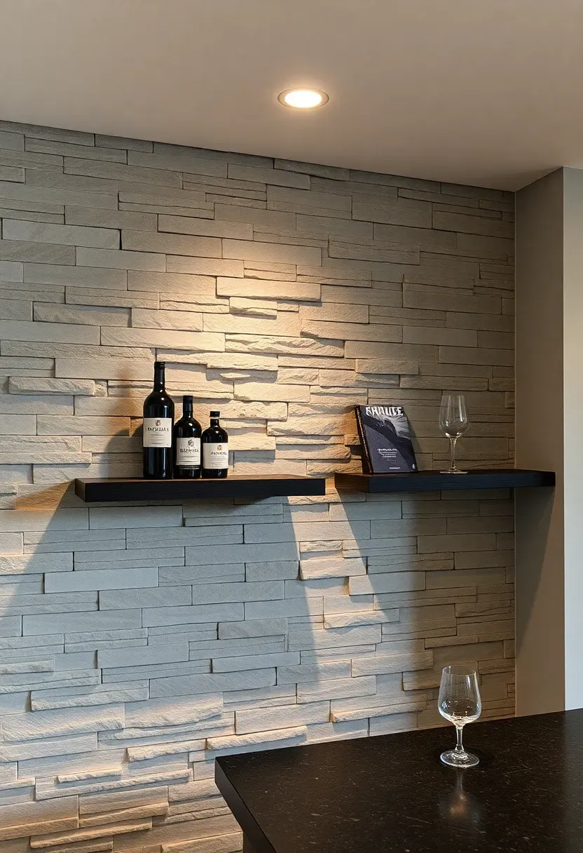 stacked natural stone ledger backsplash behind a home bar with floating shelves and dark countertop