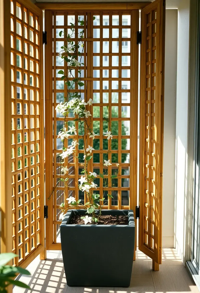 Bamboo privacy screen with climbing jasmine on an apartment patio providing a green partition