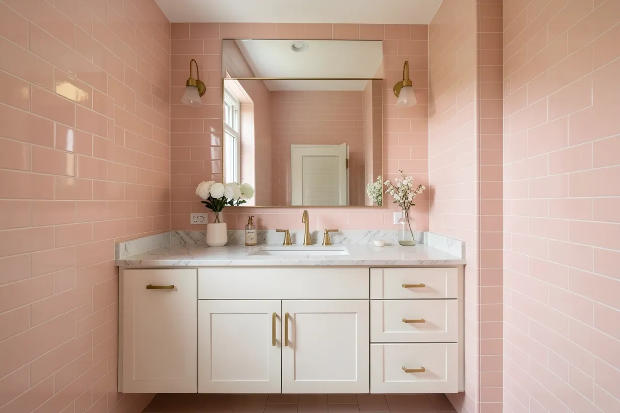 Bold pink bathroom ideas collage showing blush subway tiles, fuchsia vanity, rose gold fixtures, and pink herringbone floors for rental-friendly style