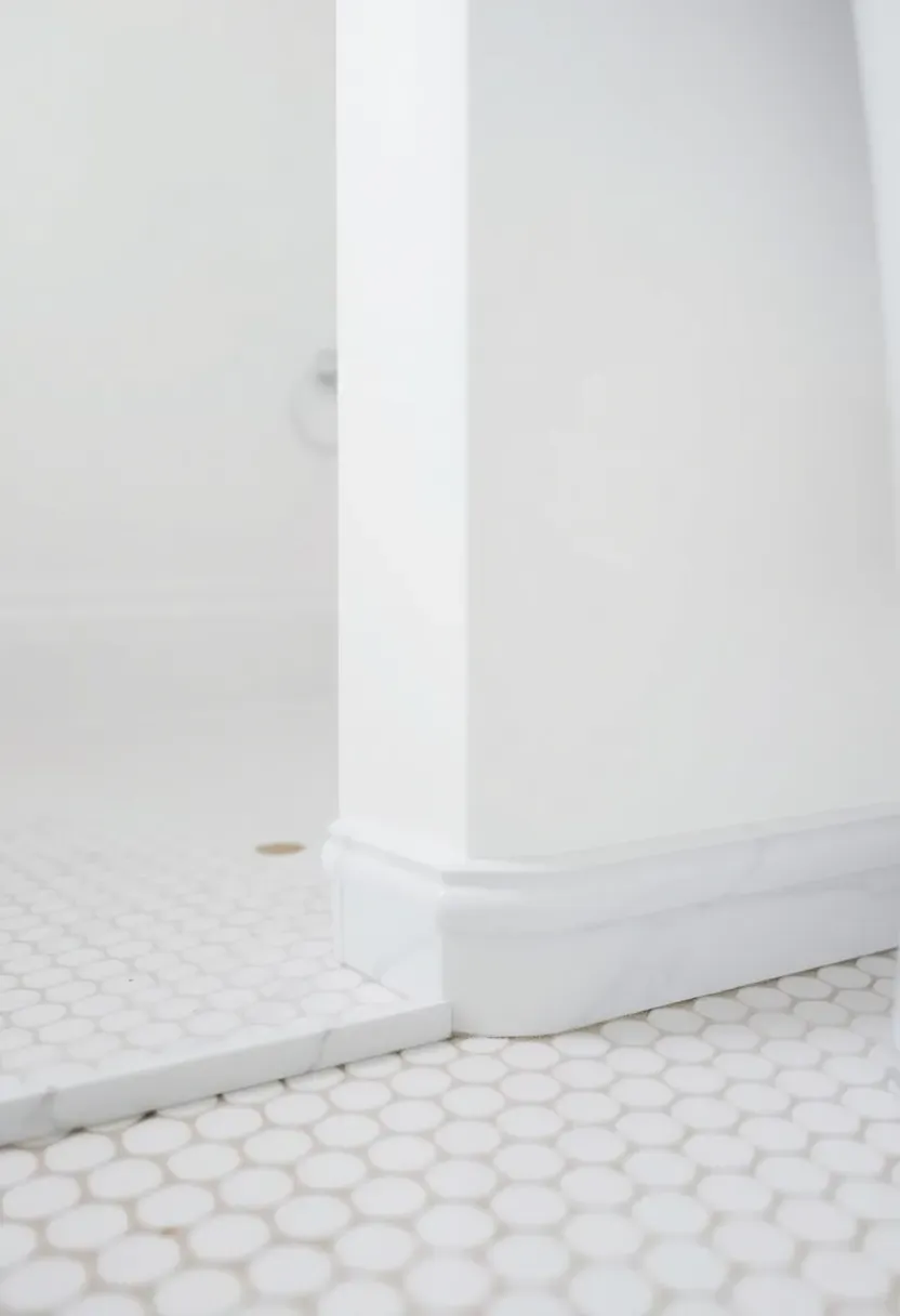 Thin marble pencil liner trim used as a delicate baseboard accent in a bright white bathroom with penny tile floor