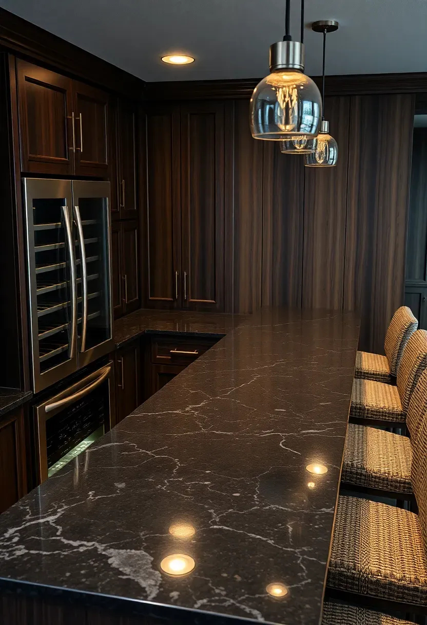 L-shaped basement bar design with waterfall granite countertop built-in wine fridge and pendant lighting