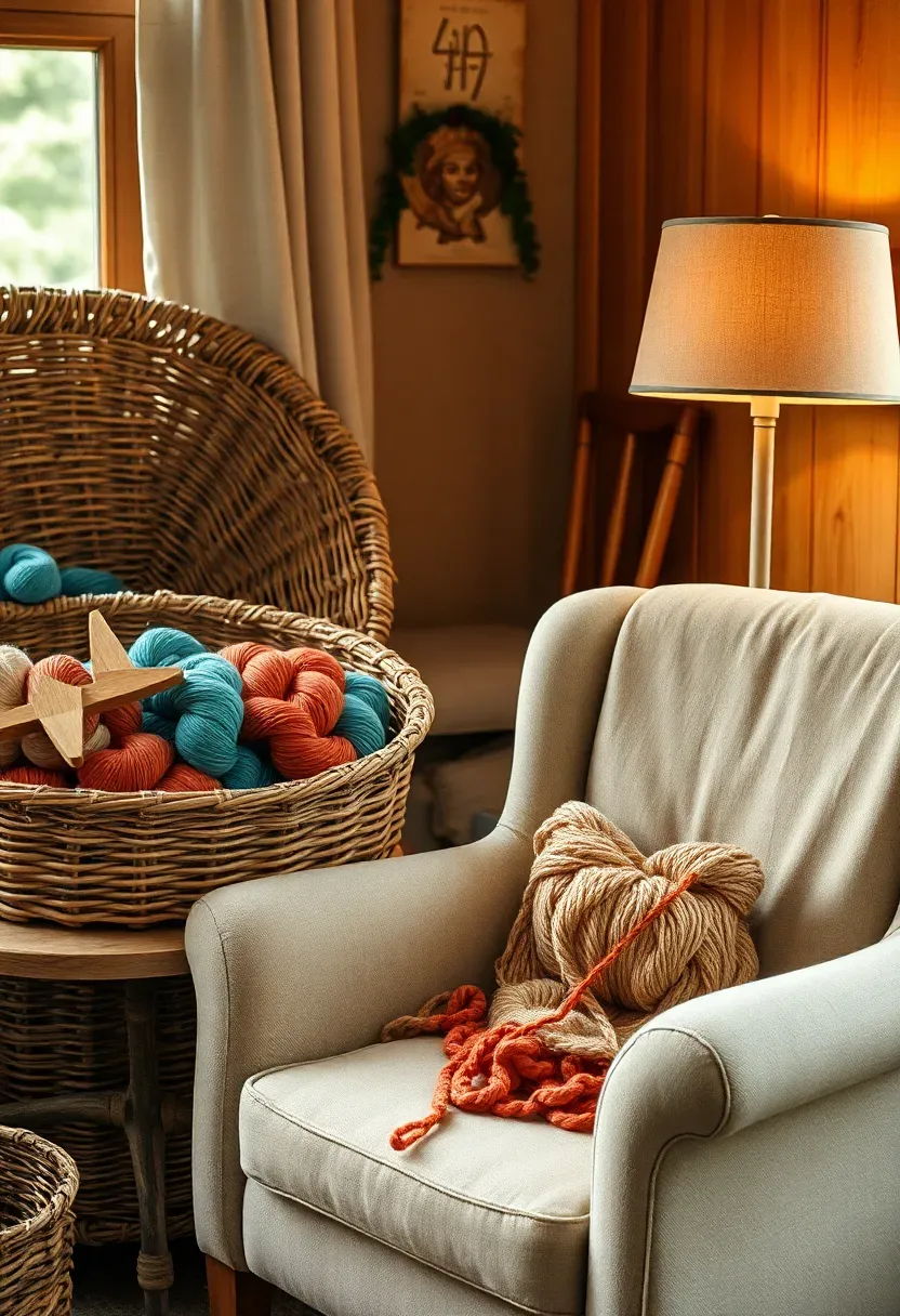 Cozy she shed knitting studio with wicker basket of hand-dyed yarn in terracotta and teal, wooden swift and ball winder, linen armchair with knitting project, warm floor lamp