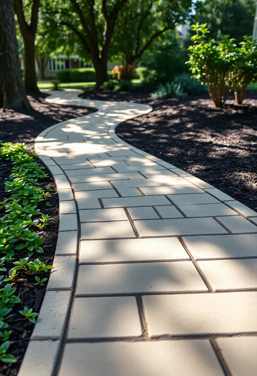 Winding stamped concrete garden path with realistic flagstone texture and coloring bordered by low ground cover plants and stepping into a shaded backyard