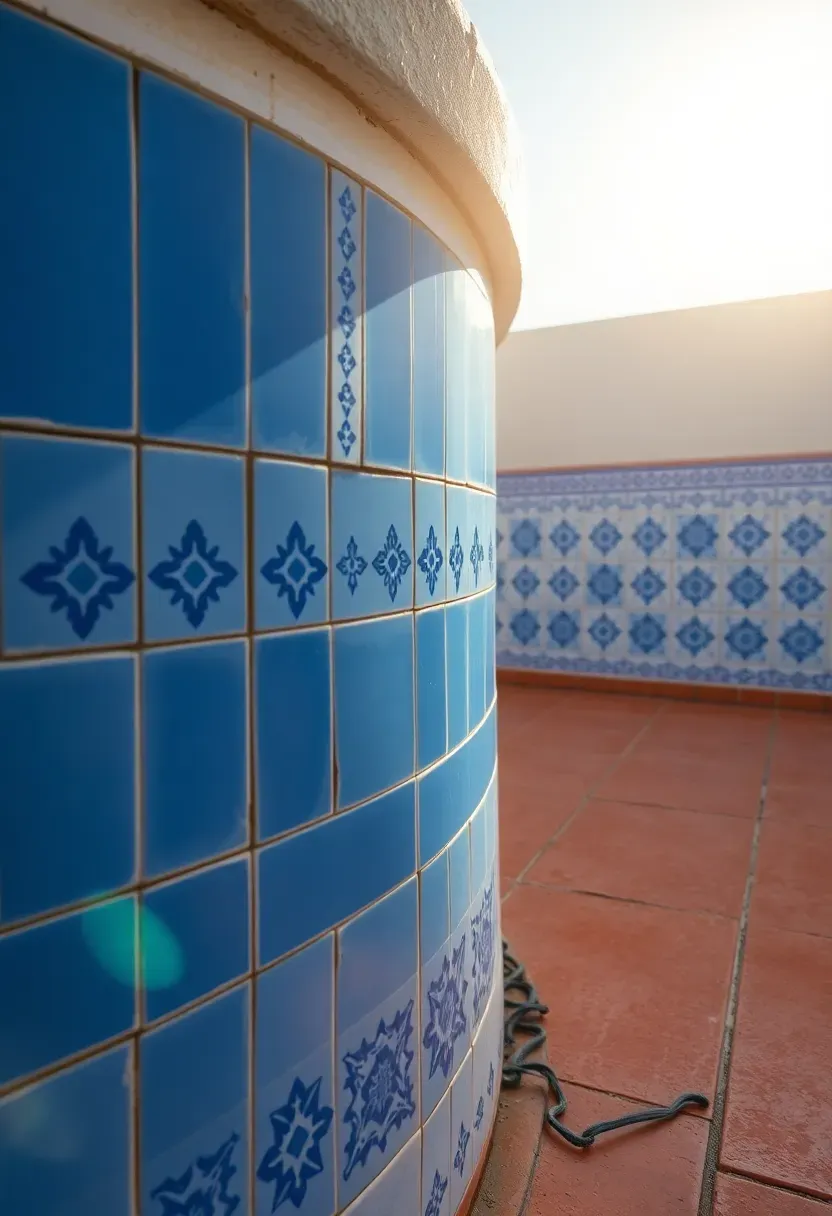 Hyper-realistic 3/4 view of above-ground pool with decorative Mediterranean tile pattern applied to entire visible exterior surface. Materials: hand-painted ceramic tiles in blue and white geometric Mediterranean pattern, white grout lines, pool interior in classic blue, surrounding concrete deck in warm terracotta tone. Bright Mediterranean sunlight from upper right, creating crisp shadows that reveal tile texture and pattern depth. Old World aesthetic mood showing pool as architectural element. Pool water in vibrant blue. Visible decorative tile border pattern, painted tile motifs. No visible metal framework. Clean composition highlighting tile craftsmanship. No text, no logos, no watermarks.</p>