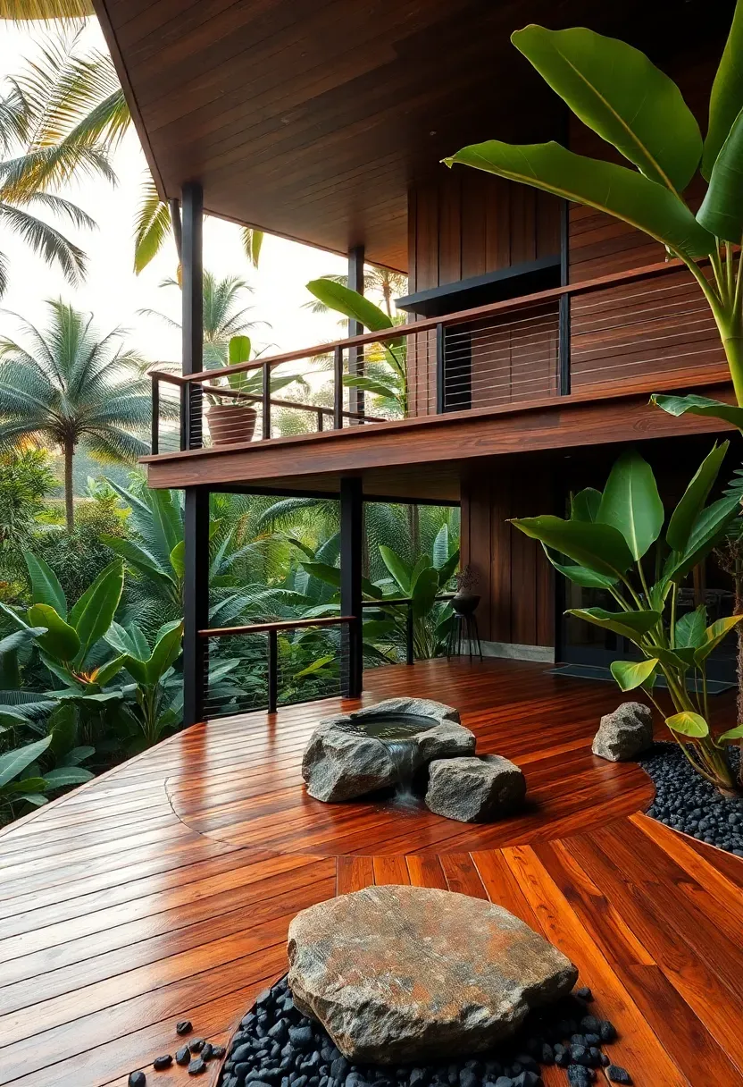 Tiered tropical hardwood deck with rich brown ipe boards on two levels surrounded by lush tropical plants and a small water feature