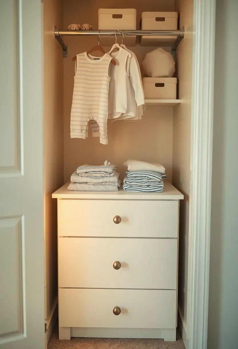 custom built-in dresser with three drawers installed inside a nursery closet under a hanging rod