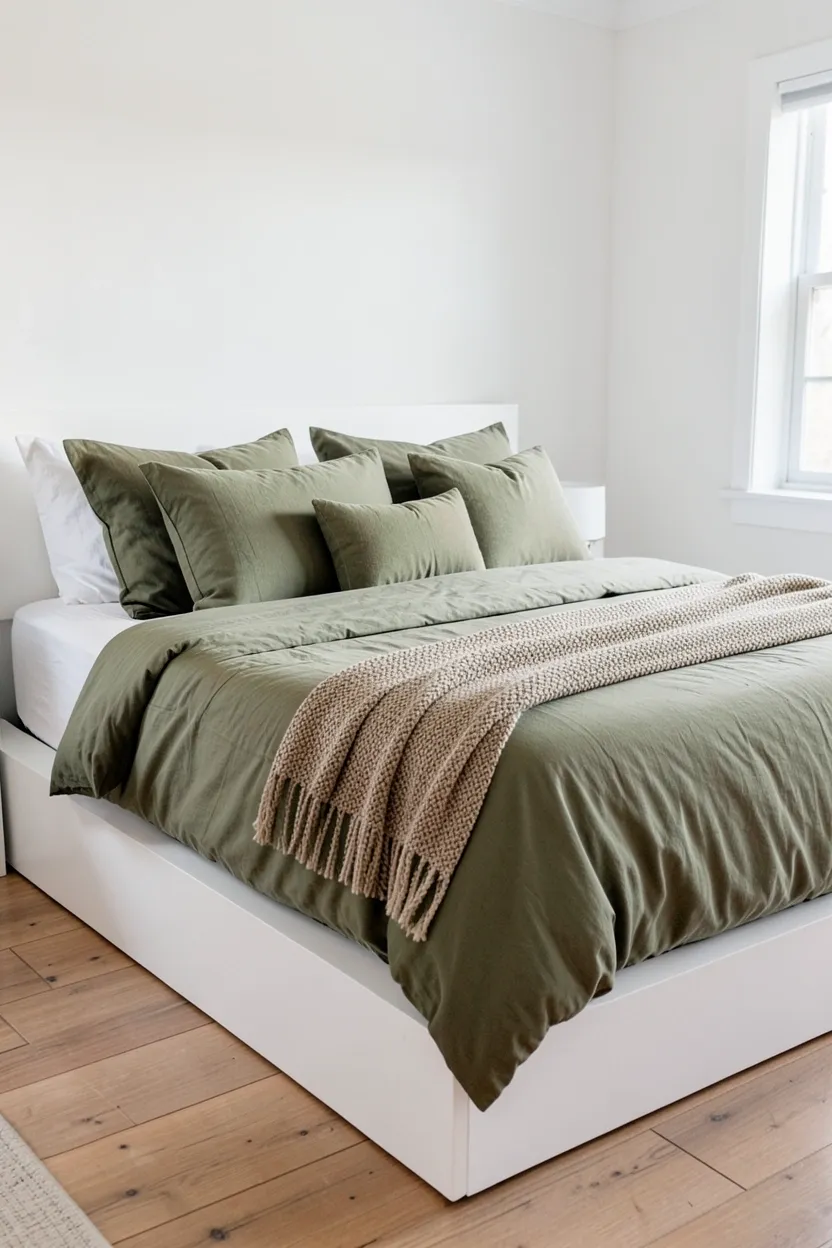 Olive green velvet tufted headboard with cream linen bedding and brass bedside lamp in a cozy small bedroom