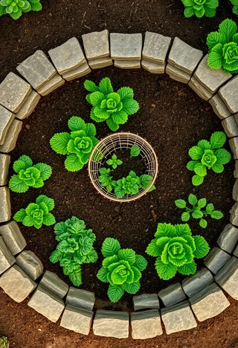 Circular keyhole garden bed viewed from above with a central composting basket and wedge-shaped planting sections radiating outward, filled with leafy vegetables