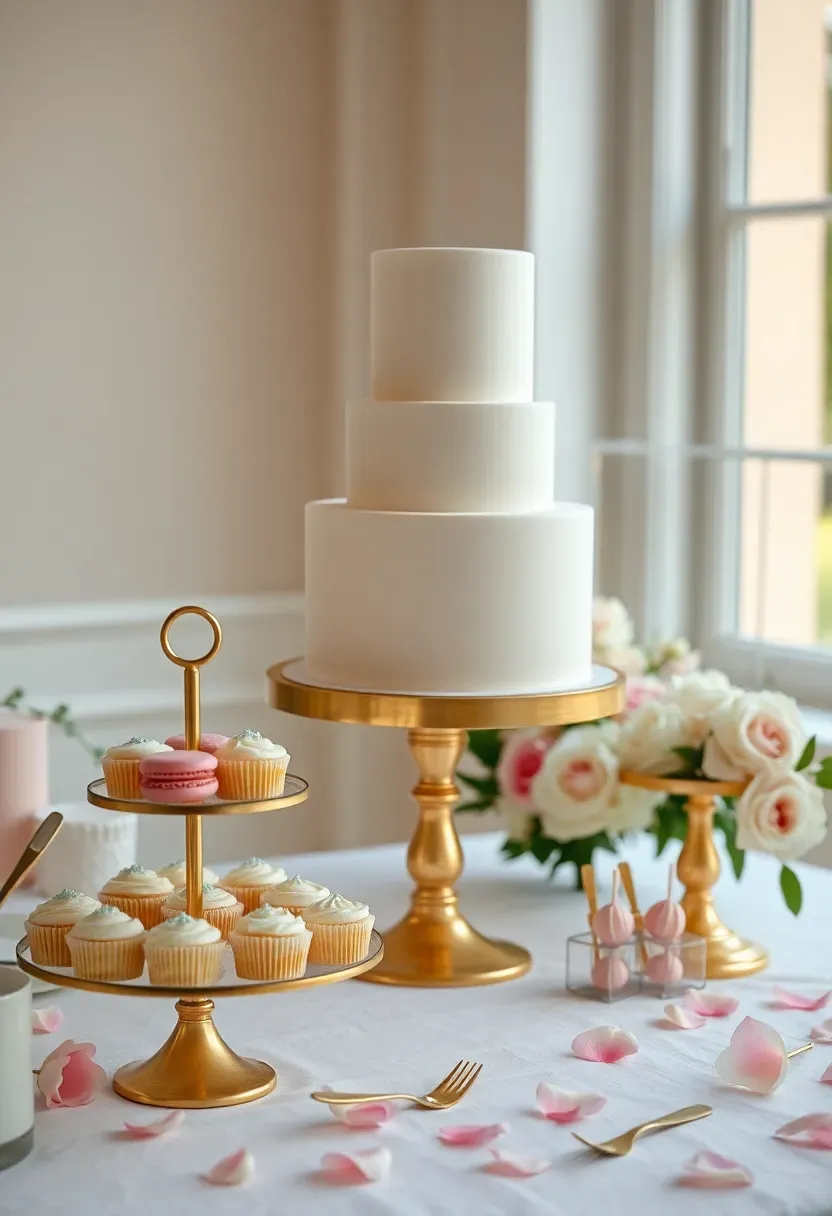 elegant tiered dessert table with custom acrylic sign three-tier cake macarons mini cupcakes and cake pops on gold stands with fresh floral accents