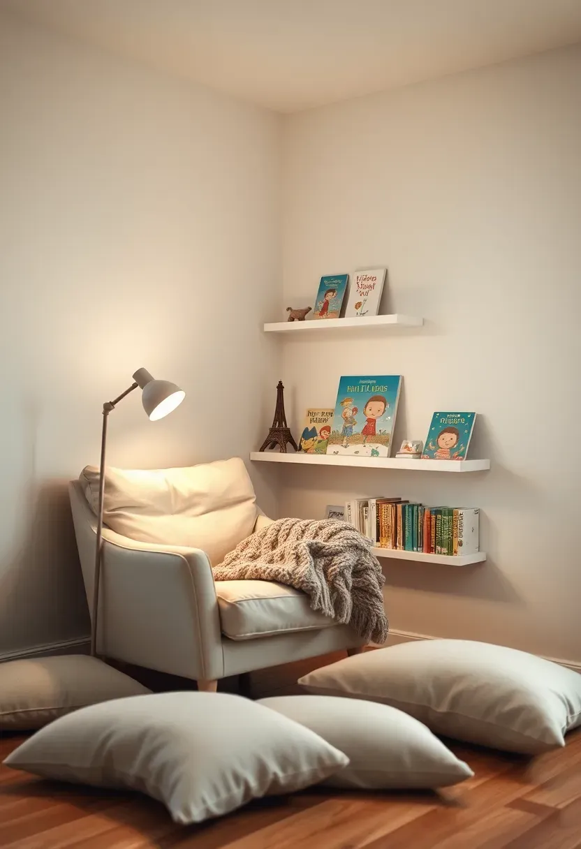 Hyper-realistic 3/4 view of cozy minimalist reading nook with comfortable cream armchair, small floor lamp, low floating white shelves with organized children's books, knit throw blanket. Materials: linen upholstery, white shelves, wool blanket, wood floor. Warm soft light from lamp, intimate inviting mood. Pillows on floor for kids. Shallow depth of field. No text, no logos, no watermarks.</p>
