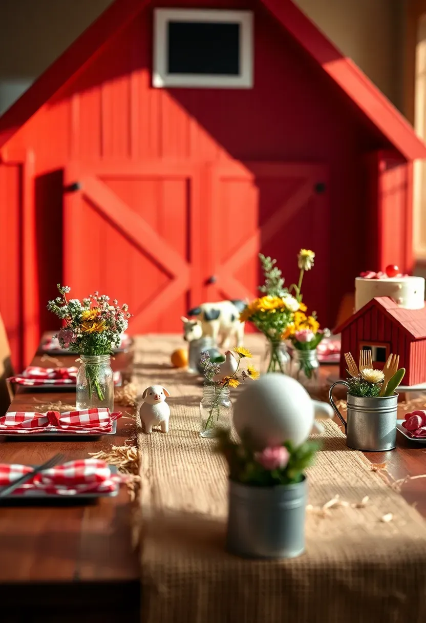 farm animals barnyard baby shower with red barn backdrop, hay bale displays, miniature farm animal figurines, mason jar flower arrangements, gingham napkins, and a barn shaped cake