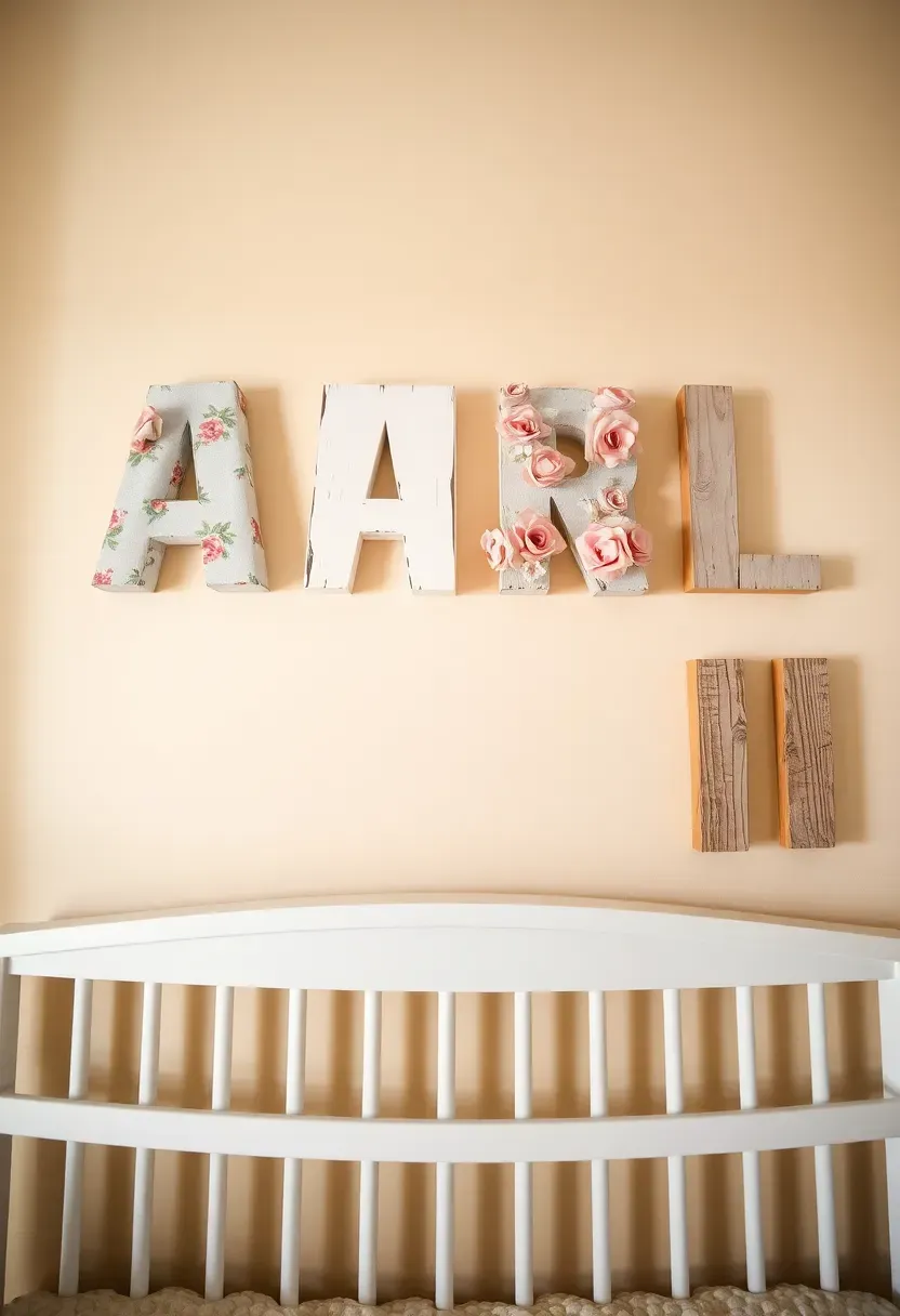 shabby chic wooden name letters mounted on nursery wall with floral and lace embellishments