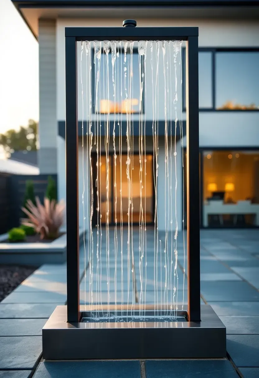 Tall freestanding rain curtain water panel with thin streams of water falling between two dark metal posts on a modern patio