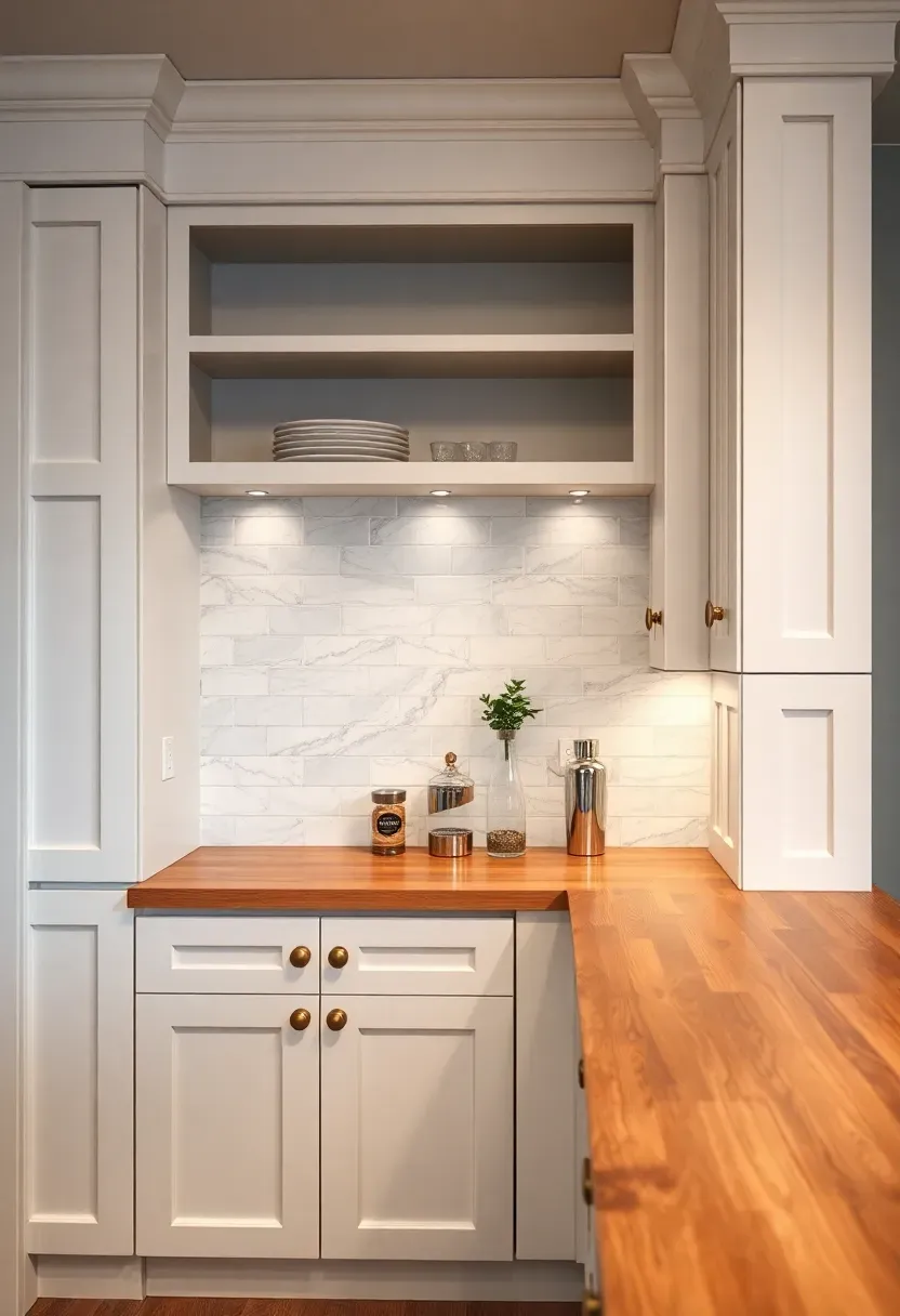 Classic shaker-style basement bar with white painted cabinetry, brass knob hardware, marble subway tile backsplash, and warm oak countertop