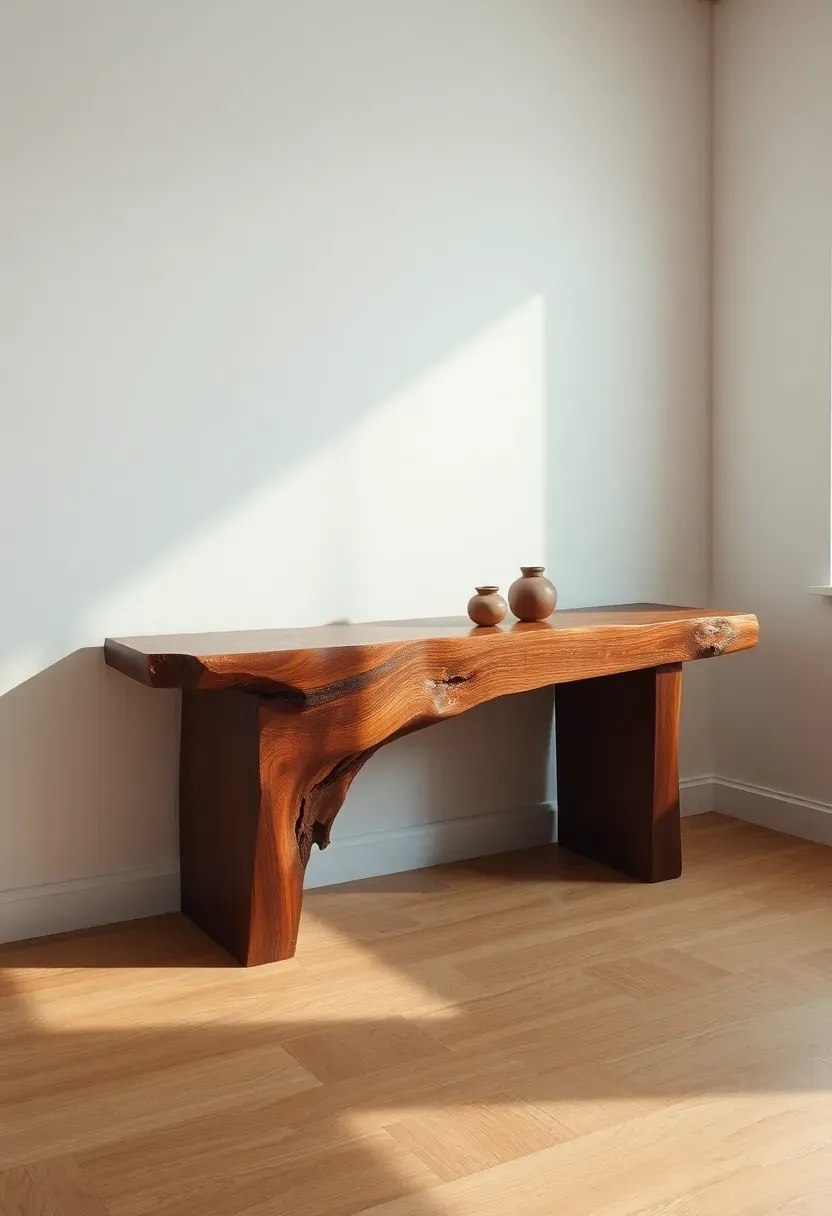 Hyper-realistic 3/4 view of an earthy modern living room featuring a substantial live-edge walnut console table with natural irregular edge and visible grain against smooth white plaster wall.