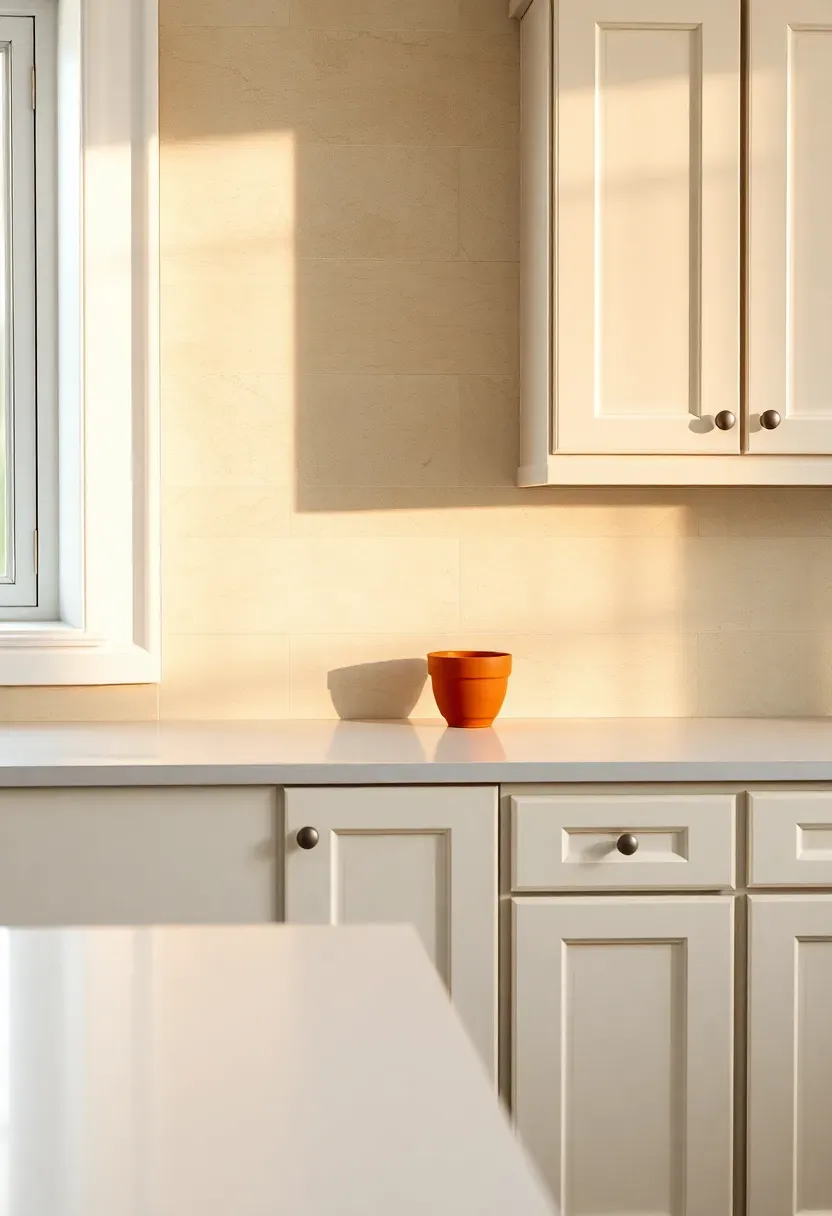 honed limestone field tile backsplash with subtle fossil texture in cream tones behind white kitchen cabinets