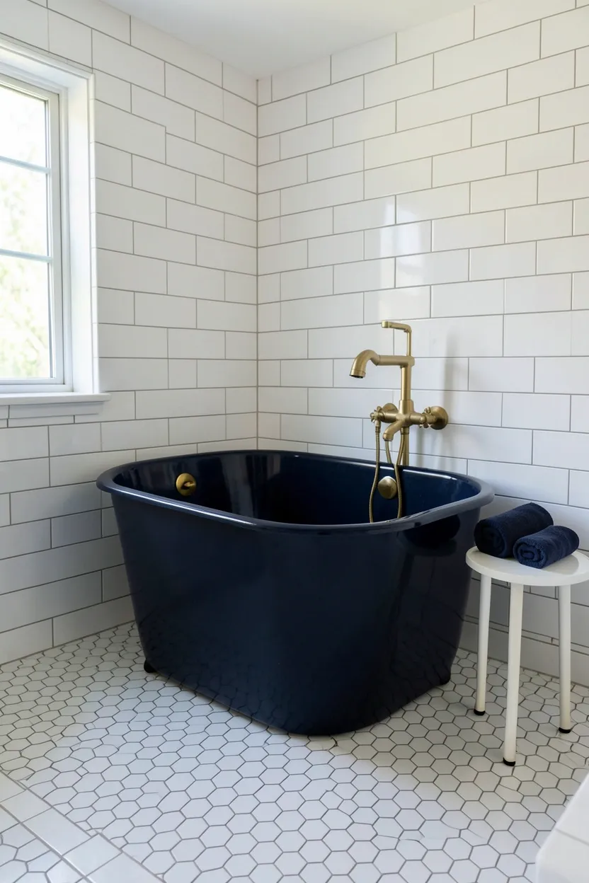 Navy Freestanding Tub with White Tile