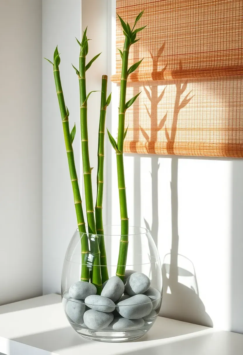 Zen sunroom corner with tall lucky bamboo stalks in a clear glass vase, smooth grey river stones on the floor, and soft morning light through bamboo blind