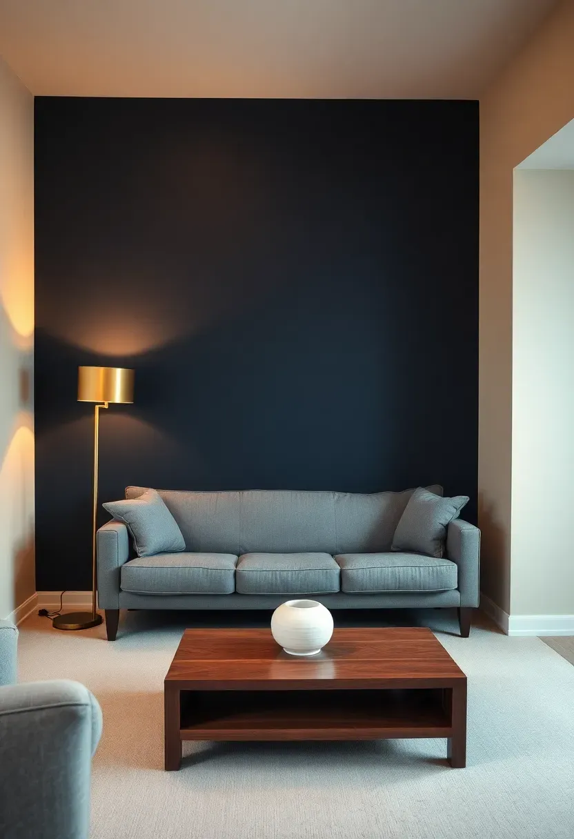 Basement rec room with deep navy blue accent wall behind a sofa and lighter neutral walls on adjacent sides