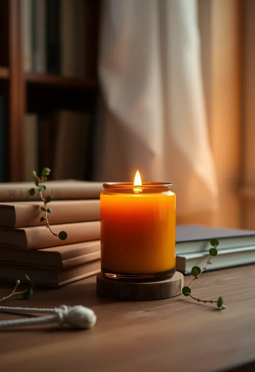 Hand-poured soy candle in a minimalist amber glass jar with a cotton wick burning softly on a desk surrounded by books