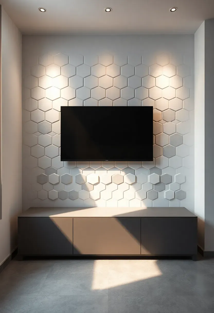 Bold living room with geometric 3D hexagonal tile panels in white and grey behind a large mounted TV creating dynamic shadow patterns
