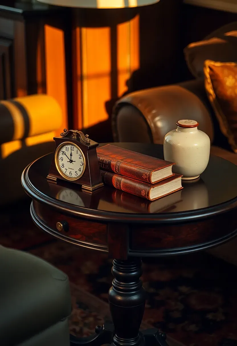 Side table displaying vintage brass clock old leather book and antique ceramic jar