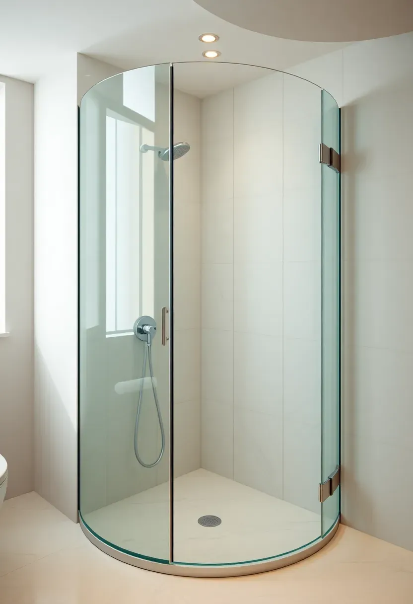 Curved frameless glass shower enclosure adding sculptural softness and elegance to a modern luxury bathroom corner