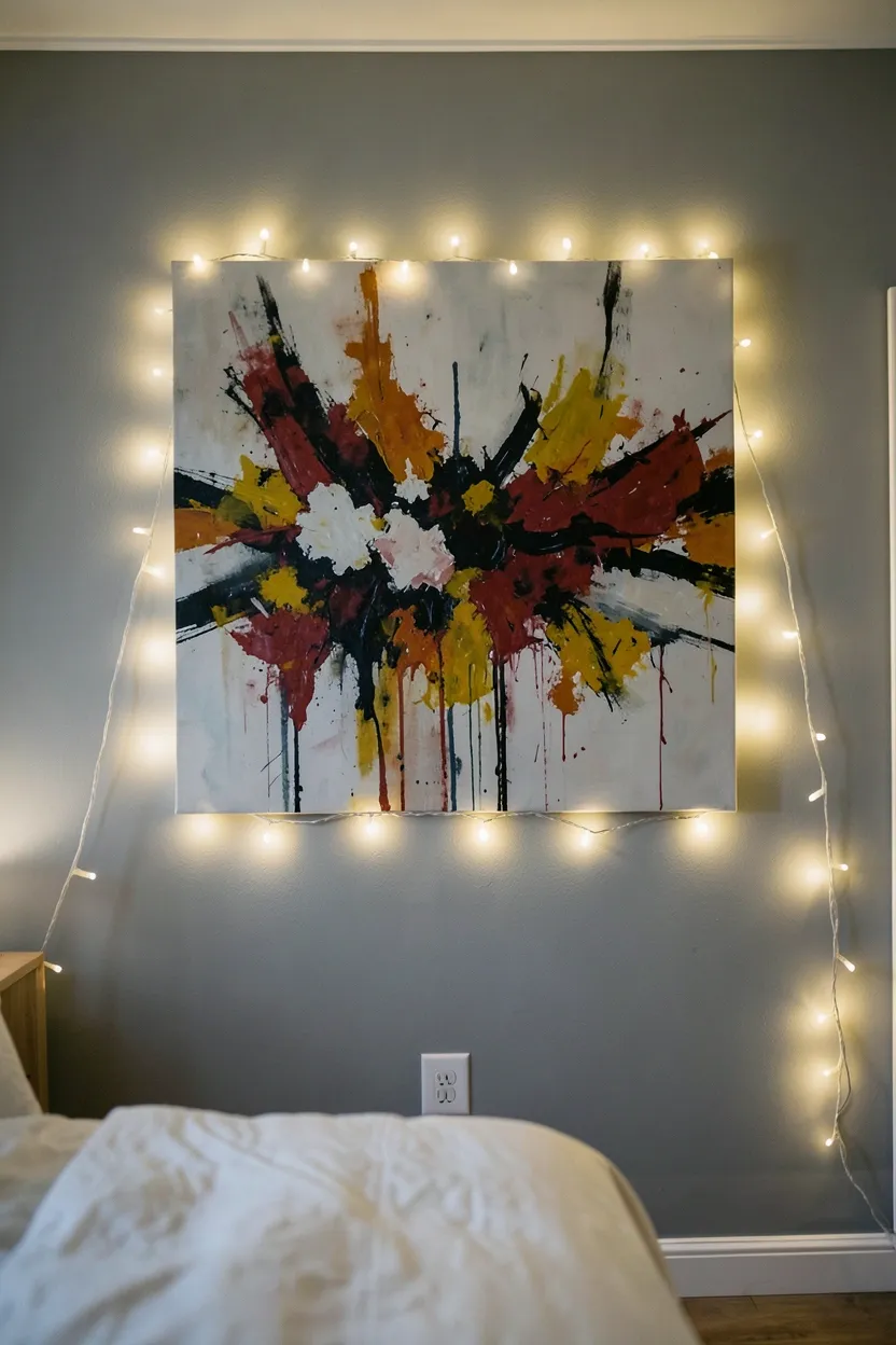 Hyper-realistic eye-level photograph of a bedroom wall with a large abstract painting. Warm white fairy lights positioned behind the artwork creating a glowing halo effect around the frame. Grey wall background, bed partially visible in foreground. Soft room lighting. Materials: canvas painting, warm LED lights, painted wall. Artistic dramatic mood. Shallow depth of field, sharp details on light glow and painting texture. No text, no logos, no watermarks.</p>
