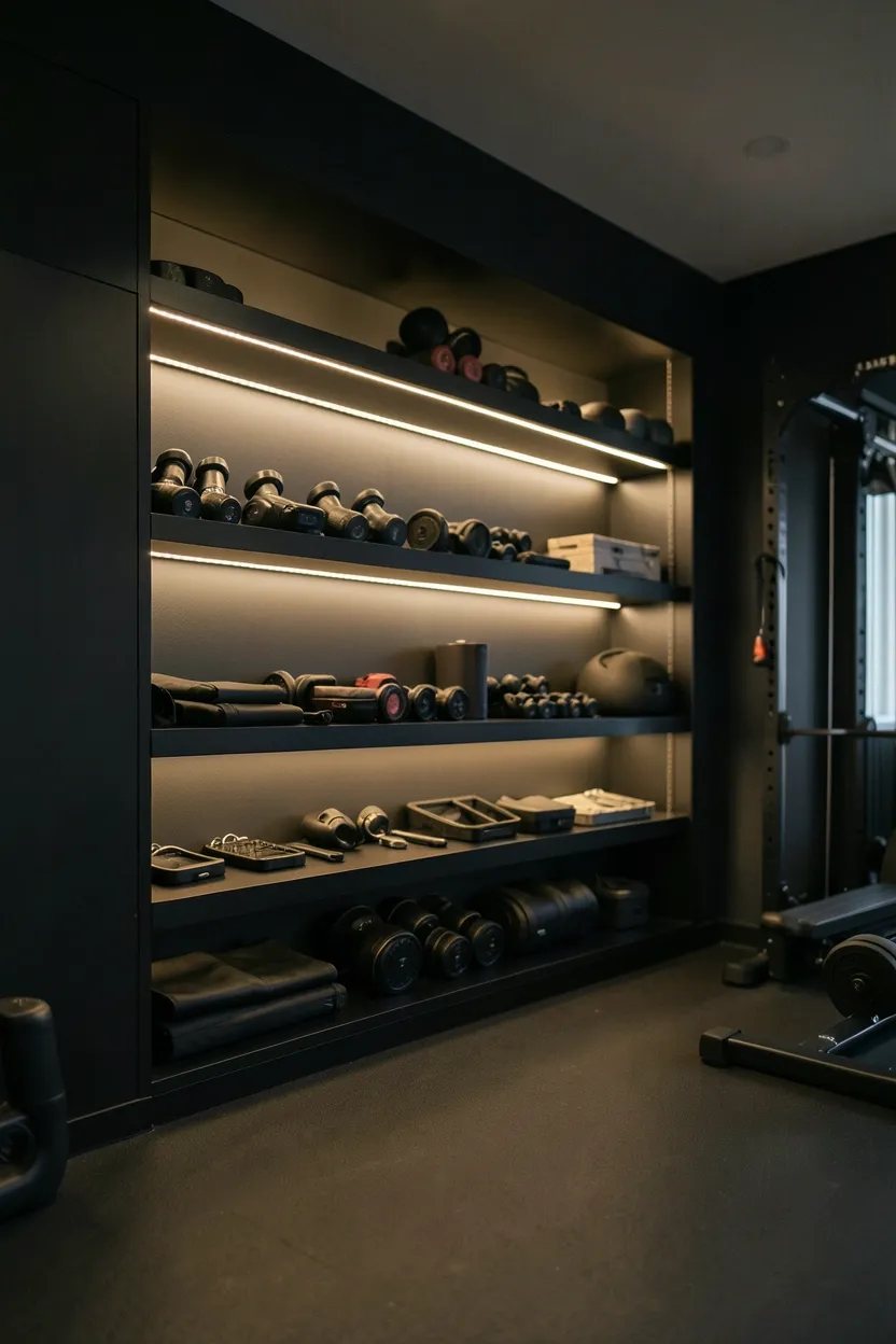 Warm LED strip lights mounted under dark shelving in a home gym casting ambient under-cabinet glow across organized equipment storage