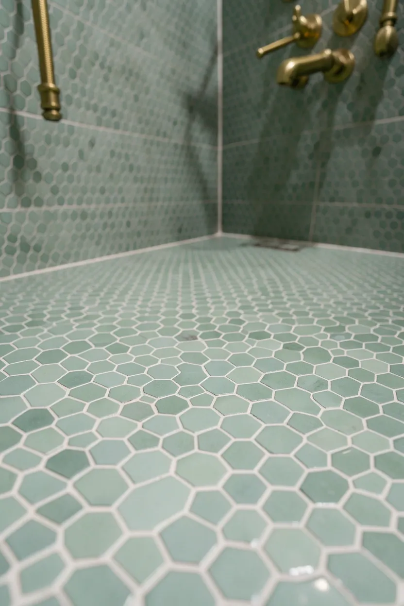 Hexagonal sage green mosaic tiles on shower floor with white grout and frameless glass door in a modern bathroom