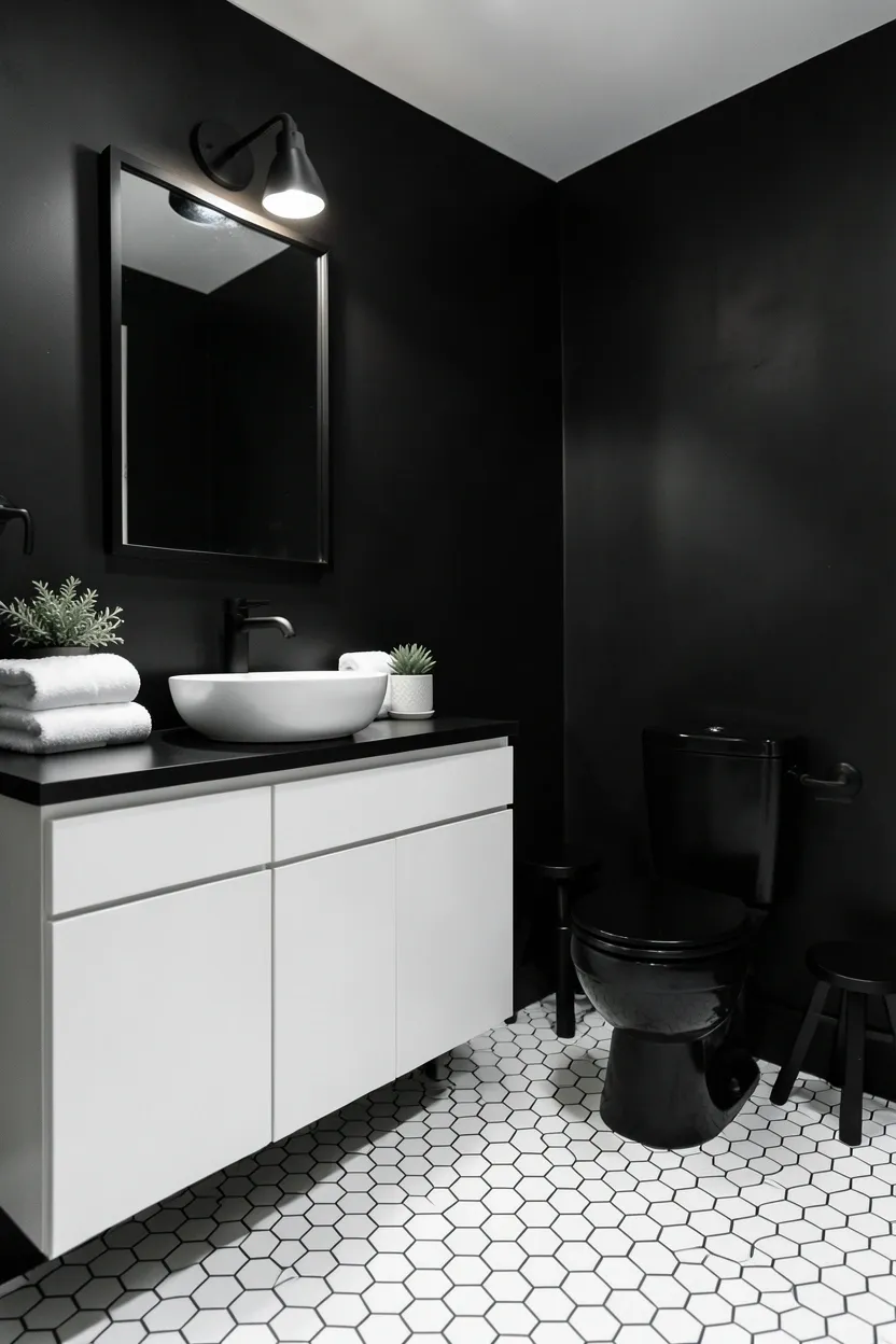 White hexagon tile floor with geometric pattern against black painted walls — modern black and white bathroom