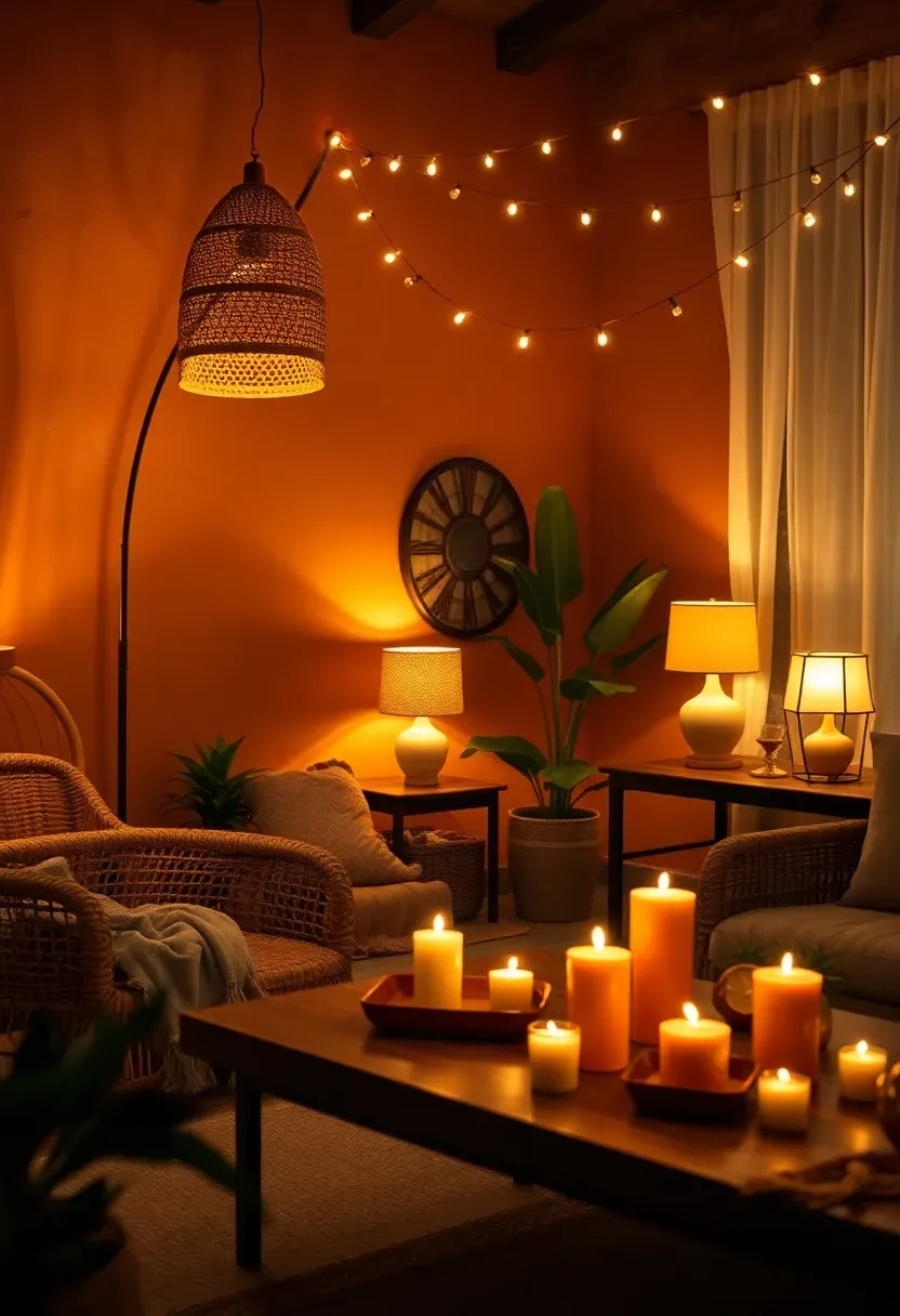 Hyper-realistic 3/4 view of an earthy boho living room in evening ambiance showing multiple warm light sources—a floor lamp with woven shade casting glow in one corner, table lamps on side tables, string lights draped across the ceiling area, and candles on the coffee table. Terracotta walls, rattan furniture. Materials: floor lamp with woven rattan shade emitting warm glow, table lamps with fabric shades in earthy colors, warm white string lights creating gentle twinkle, pillar candles in terracotta holders, jute rug, linen textiles, plants. Warm ambient lighting from multiple sources creating pools of light and cozy shadows. Magical bohemian atmosphere emphasis. Shallow depth of field showing lighting elements foreground with room context beyond. No text, no logos, no watermarks.</p>
