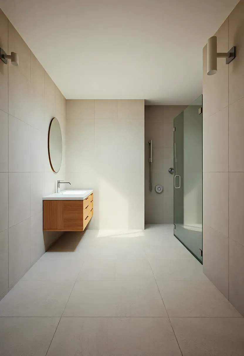 Hyper-realistic wide shot of bathroom with large-format pale grey floor-to-ceiling tiles, floating oak vanity, frameless glass shower, minimal grout lines creating seamless planes. Materials: matte porcelain large-format tiles, white oak vanity, frosted glass, brushed nickel fixtures. Warm diffused daylight, soft grey neutrals with warm wood contrast. Serene minimalist mood, shallow depth of field with sharp tile texture, soft shadows. No text or watermarks.</p>