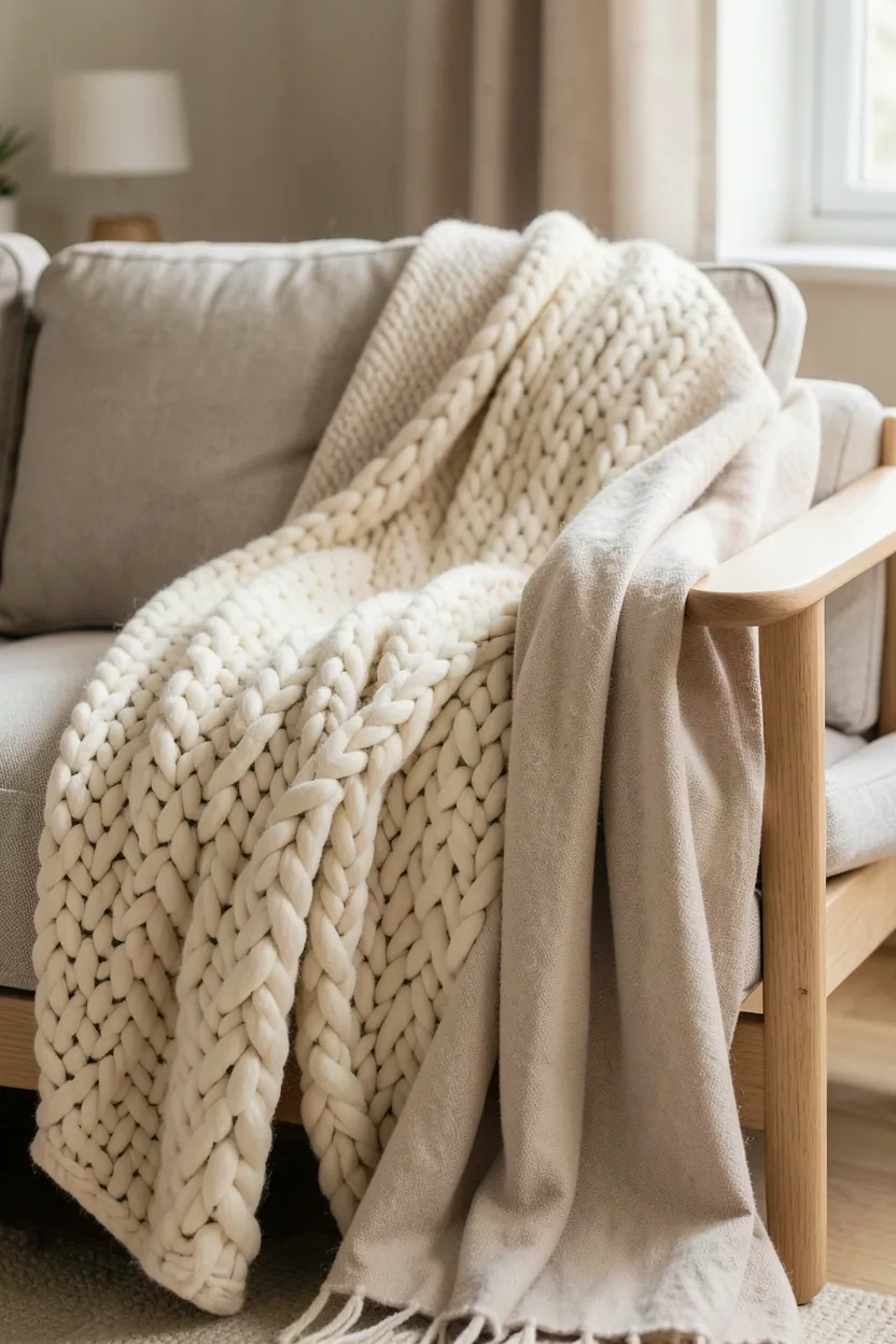Chunky wool throw in oatmeal tones draped casually over a cream linen sofa in a cozy Japandi living room
