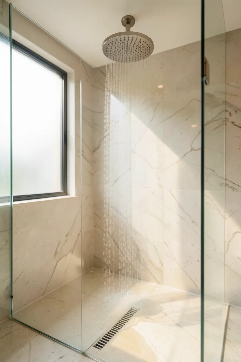 Walk-in shower with ceiling-mounted large rainfall head, white tiles, and frameless glass in a spa-like luxury bathroom