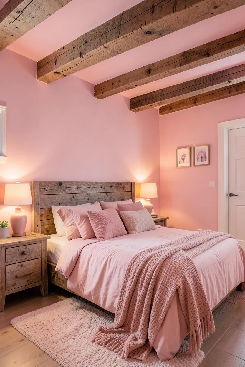 Rustic Pink Bedroom with Wood Beams