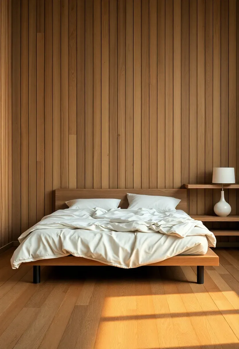 Bedroom accent wall covered in vertical oak wood slats with warm toned lighting and a cozy bed in the foreground