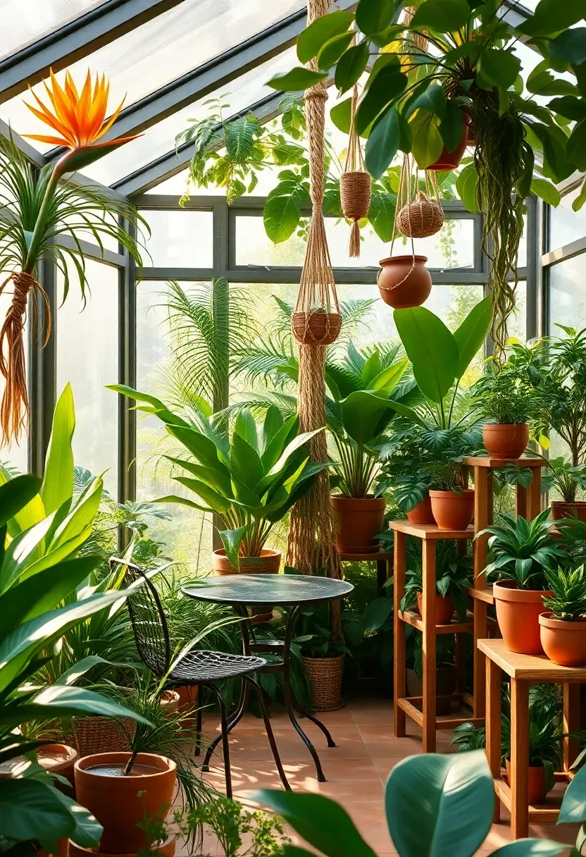 Lush tropical sunroom filled with bird of paradise plants, hanging ferns, terracotta pots, and a small bistro table surrounded by greenery