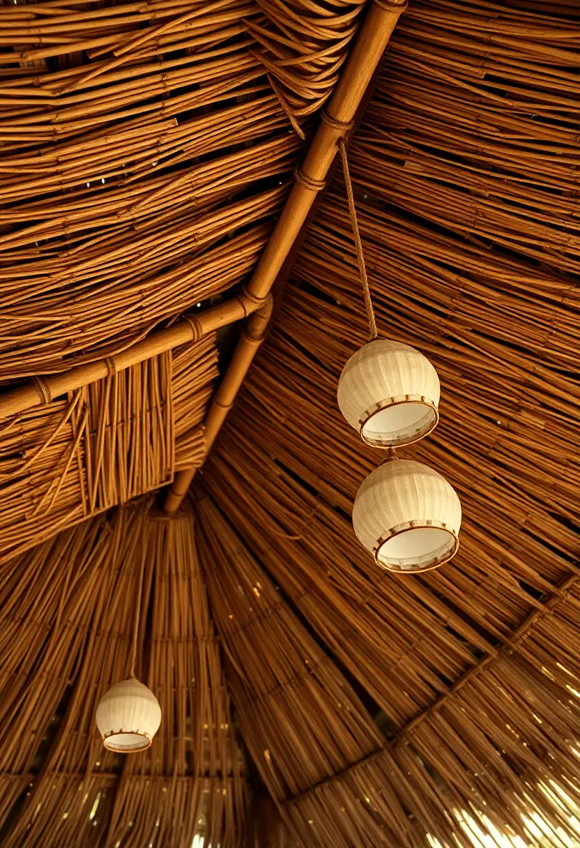Tiki bar with a thick layered palm thatch roof showing detailed thatching work and hanging coconut shell lights underneath