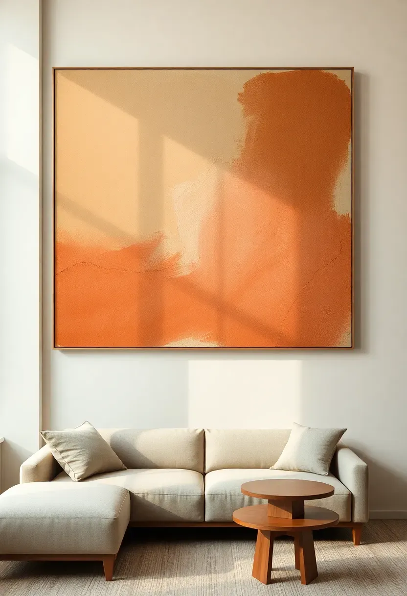 oversized abstract canvas painting in muted earth tones hanging above a low modern sofa
