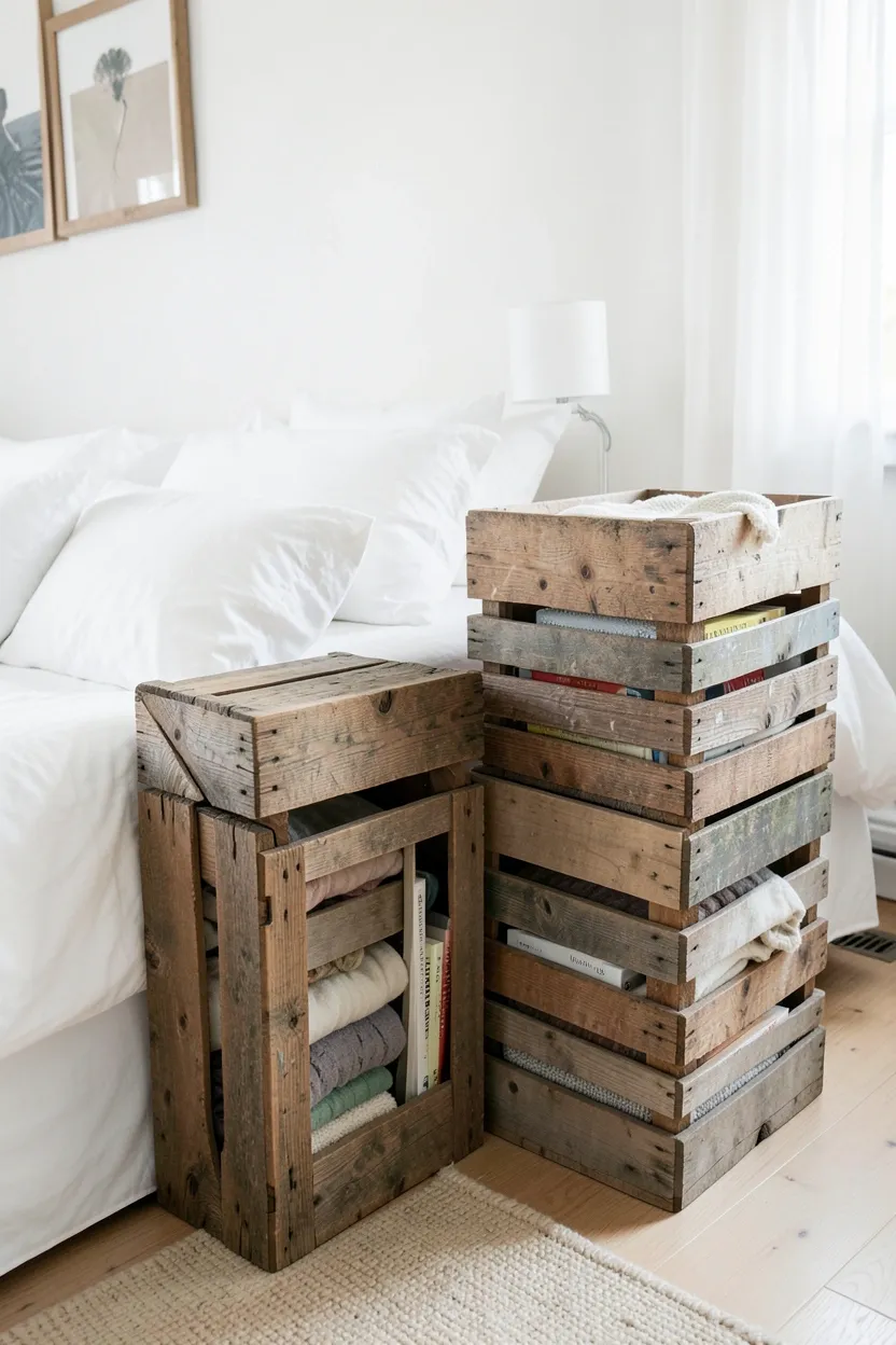 Stacked rustic wooden crates used as a DIY nightstand beside a platform bed in a Scandinavian bedroom, holding books and a small lamp