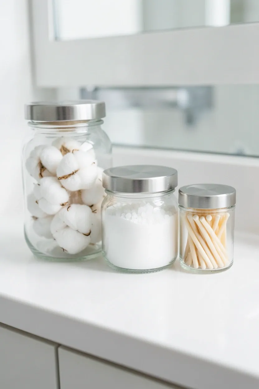 Apothecary glass jars filled with cotton balls, bath salts, and Q-tips on a rental bathroom vanity — decorative storage display