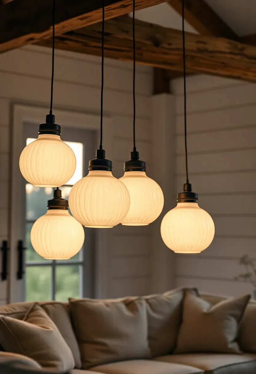 Vintage milk glass pendant lights with ribbed globes casting warm diffused glow in a farmhouse sunroom at dusk with wood beams and linen furnishings