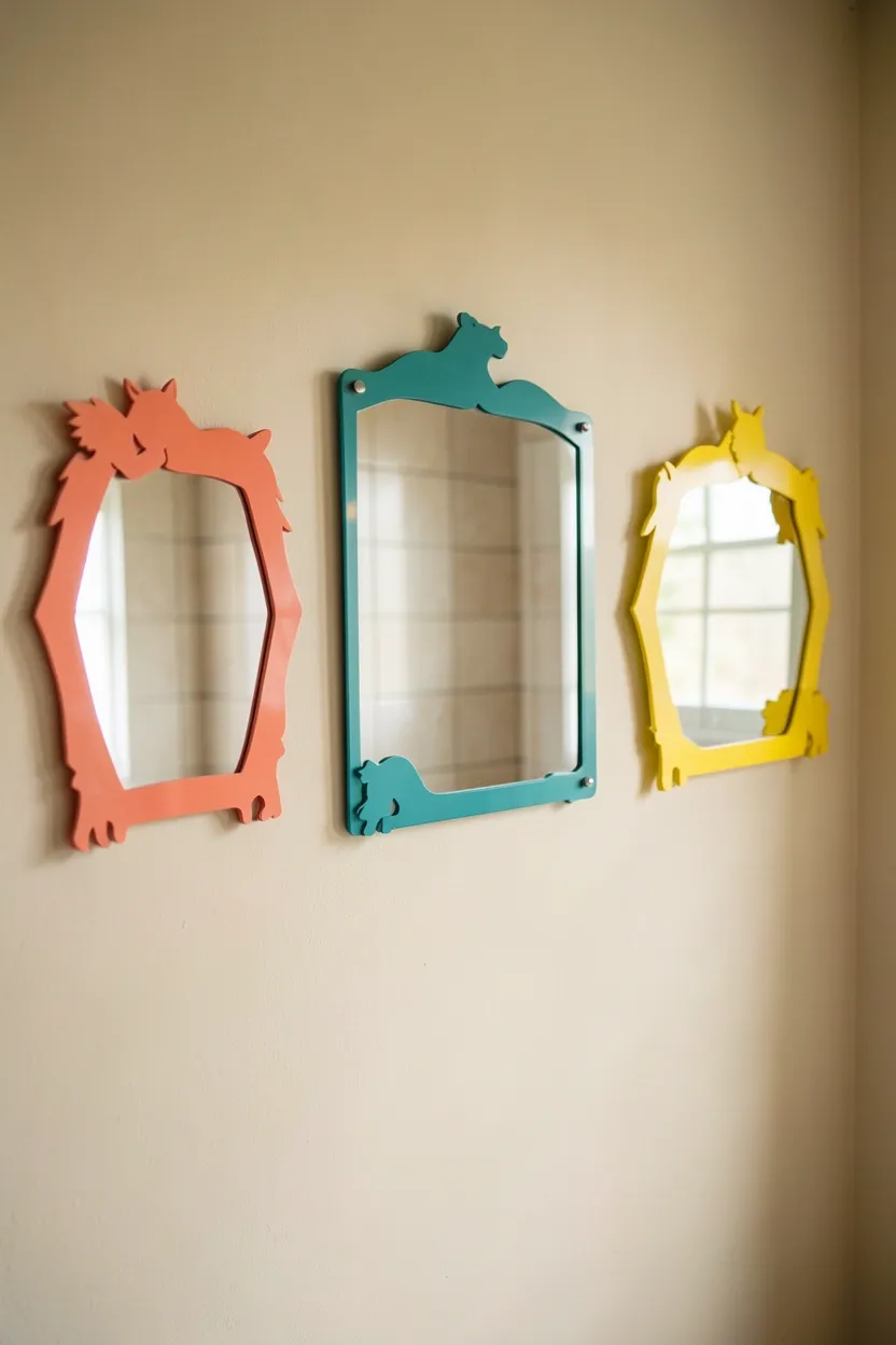 Colorful animal-framed mirrors arranged at different heights in a playful family bathroom inspired by Toca Boca