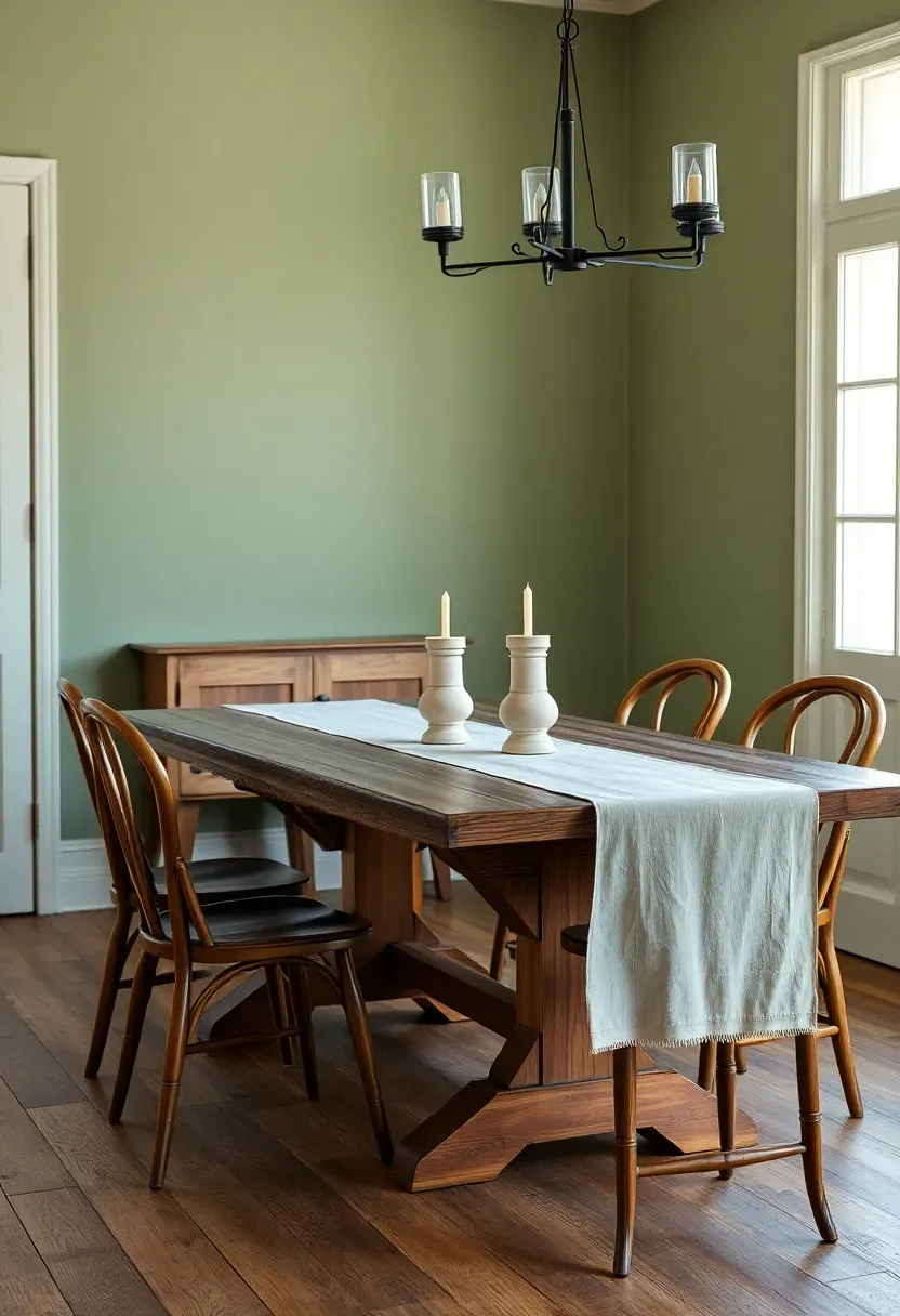 dining room painted in dusty sage green with vintage wooden table and linen table runner